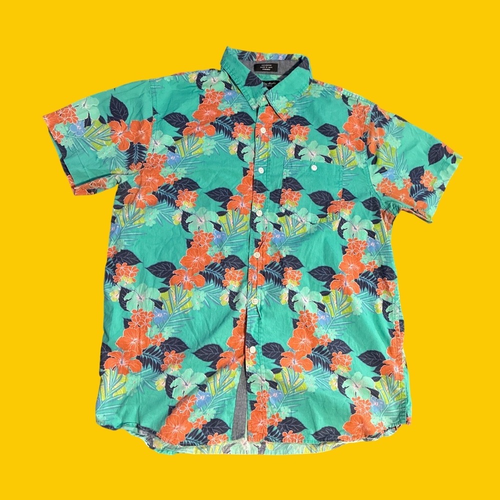 Eighty Eight Platinum Mens‎ Teal Floral Tropical Cotton Button Down Shirt Large